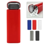 A tall, red flip top mint tin displaying white mints inside. Also features options in blue, white, grey, and black.