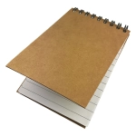 A brown spiral notebook with lined pages and a cardboard cover, featuring a spiral binding.