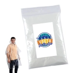 A clear poncho is displayed alongside a packaging bag featuring a logo. The poncho is suitable for wear and lightweight.