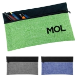 A green pencil case with a zip closure, featuring several pens and pencils inside. Available in grey and blue variations.
