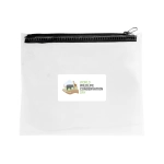 A transparent pencil case with a black zip featuring a design with a logo on the front.