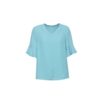 A light blue blouse with fluted sleeves and a V-neck design. The fabric appears smooth and elegant.