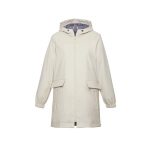 A women's cream overcoat with a hood, featuring zippered pockets and elasticised cuffs. It has a simple design and a branded tag.
