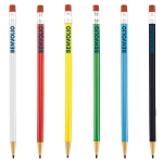 A collection of six round mechanical pencils in white, red, yellow, green, blue, and black with erasers.