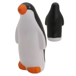 A stress relief penguin toy in black, white, and orange, featuring an anatomical design and a logo.