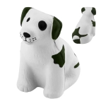 A white and green rubber stress dog figure with a friendly expression, featuring black eyes and a textured surface.