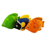 Three stress-relief tropical fish toys in green, blue, and orange, featuring playful designs and detailed features.
