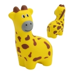 A yellow giraffe toy with brown spots and a smiling face, featuring a playful design and a simple shape.