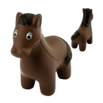 A brown rubber horse stress toy with cartoonish features, including big eyes and a short mane.