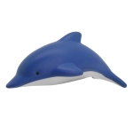 A blue and white stress dolphin toy, featuring a smooth design and a simple eye detail, with a logo on the underside.