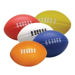 A collection of five stress balls in various colours: red, white, orange, blue, and yellow, featuring a logo.