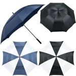 A collection of four golf umbrellas in navy blue, black, and a black-and-white design, featuring a logo on the handles.