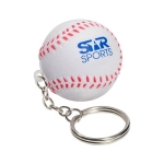 A white stress baseball key ring with red stitching and a small metal chain. It features a logo.