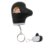A black stress glove key ring with a white base and a branding logo. The key ring includes a metal chain attachment.