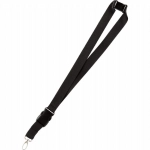 A black lanyard with a clip and adjustable buckle, designed for holding identification or badges.