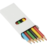A white box containing six coloured pencils in blue, red, yellow, green, black, and brown.
