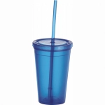 A drink bottle featuring a blue plastic tumbler with a lid and a straw. It includes a logo on the surface.