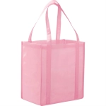 A pink non-woven grocery tote bag with sturdy handles and a rectangular shape. It features a logo on one side.