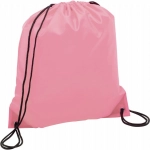 A pink drawstring sportspack featuring black drawstrings and a branding logo.