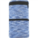 A blue heathered wristband with a pocket, featuring two zippered compartments and a black zipper.
