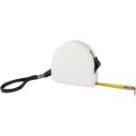 A white tape measure with a black strap and yellow measuring tape extending from the casing.