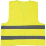 A bright yellow safety vest featuring reflective grey stripes and a simple design. It includes a logo on the front.