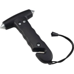 A black life-saving hammer with a textured handle and two metal points at the top, featuring a lanyard.