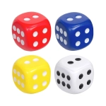 Four small dice in red, blue, yellow, and white, featuring traditional dot patterns. The image includes a logo.