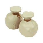 A pair of cream-coloured stress money bags with drawstring closures and dollar signs embossed on the front.