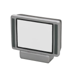 A miniature television figurine in silver and grey, featuring a blank screen and a simple base.