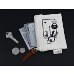 A small cream pouch with a key, coins, and cards partially visible inside, featuring a simple graphic design and a logo.