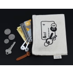 A cream-coloured pouch with a zipper, holding coins, cards, keys, and earbuds, featuring a logo.