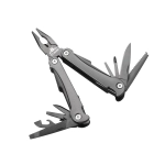 A black multi-tool with pliers, blades, and various attachments. It features a logo on its handle.
