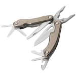 A multi-tool with pliers, blades, and various tools in grey and silver, featuring a branded logo.