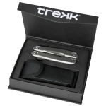 A silver multitool housed in a black box with a fabric pouch for storage. The box features a logo.