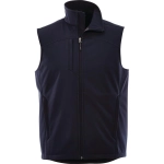 Men's softshell vest in navy blue featuring a high collar and zippered front, with branding on the garment.