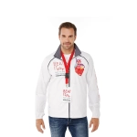 A man wearing a white packable jacket with a logo and colourful graphics. The jacket features a collar and zip.