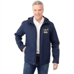 A navy rain jacket for men featuring a hood and a logo on the chest. The jacket is styled with a front zip.