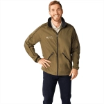 A men's eco-friendly packable jacket in olive green, featuring front pockets and a branded logo.