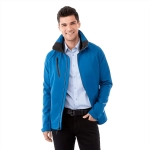 A mens softshell jacket in vibrant blue with a black collar, featuring a zip pocket and a fitted design.