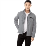 A grey softshell jacket for men with a logo and a stylish design, featuring a zip front and stand-up collar.