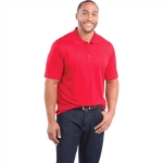 A red short sleeve polo shirt for men, featuring a collar and a logo on the chest.