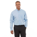 A light blue button-up shirt with a collar, long sleeves, and a single chest pocket. Features a logo.