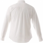 A white long sleeve button-up shirt with a back yoke and cuffs, featuring a logo.