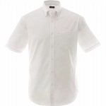 A short sleeve, white button-up shirt featuring a pocket and a collar, with a logo on the label.