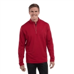 A men's red quarter zip jumper featuring long sleeves and a logo.
