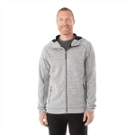 A men's zip hoody in grey with a black-lined hood, featuring a zip closure and a logo.