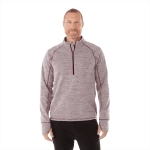 A grey and burgundy men's half zip knitted jumper with a logo. The design features a high collar and long sleeves.