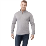 A men's quarter-zip jumper in grey, featuring a logo on the sleeve and a relaxed fit.