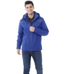 A men's fleece-lined jacket in blue, featuring a zip front and a hood, along with a logo on the front.